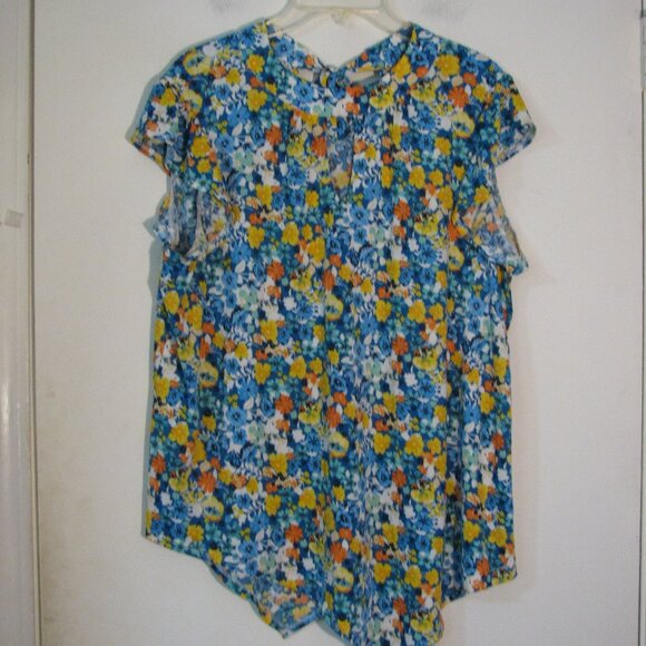 * Cato Floral Blouse Large Asymmetrical Hem Cutout Detail Blue Yellow - Picture 1 of 6